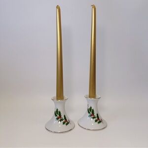 VTG Beacon Hill Taper Holly Candle Holders w/ Gold Candles Set of‎ 2 Christmas